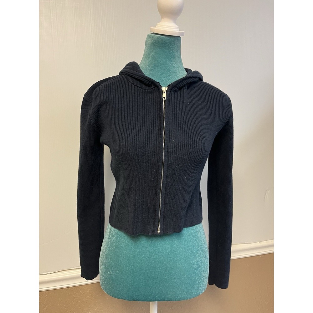 Brandy Melville Womens Ribbed Cropped Zip Up Hoodie Navy Size Small